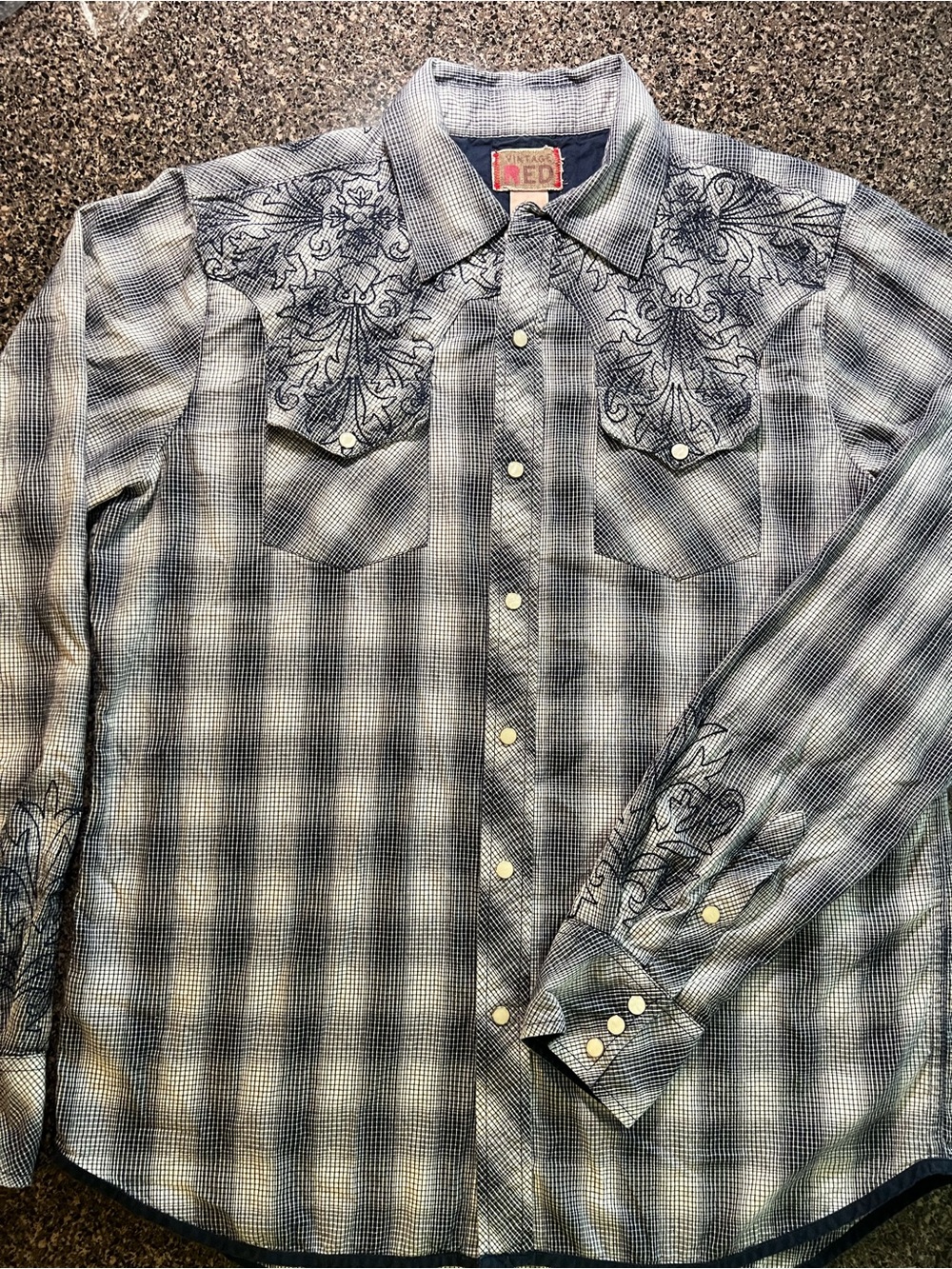 Vintage Red Western Style Mens L Shirt Pearl Snap Long Plaid Embroidered